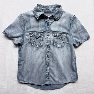 True‎ Religion Womens Short Sleeve Denim Shirt Blue Size S
